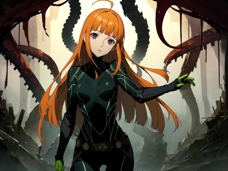 3572284101-masterpiece, best quality, 1girl, solo, dsoracle, orange hair, long hair, blunt bangs, ahoge, purple eyes, bodysuit, gloves, bel.png